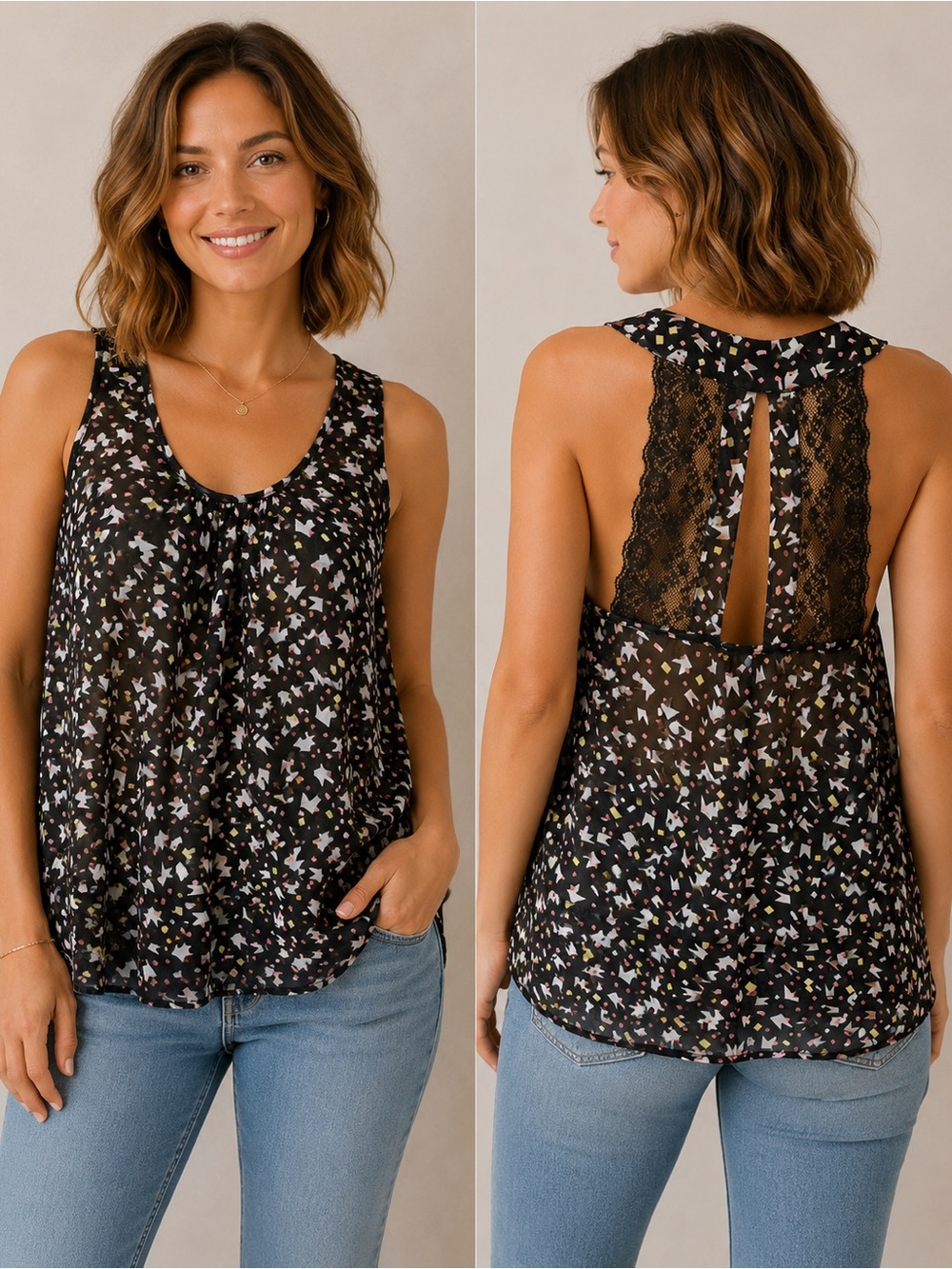 Papaya Sleeveless Sheer Tank Top Black Lace M